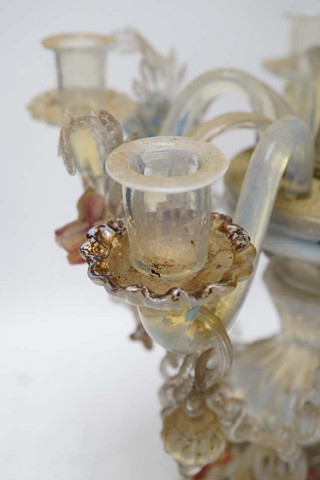 A 19th century Venetian glass candelabrum, 59cm. Condition - poor, several minor breaks